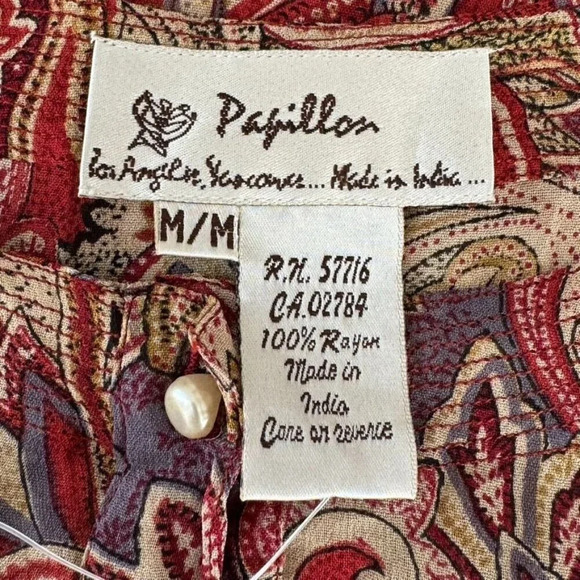 90s Vintage Papillon Tan Terracotta Paisley Print Pearl Button Loose Fit Tunic - Picture 6 of 7